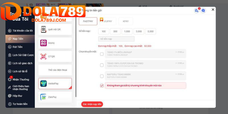 Bạn hãy chọn hình thức nạp tiền Dola789 mình thấy tiện lợi nhất