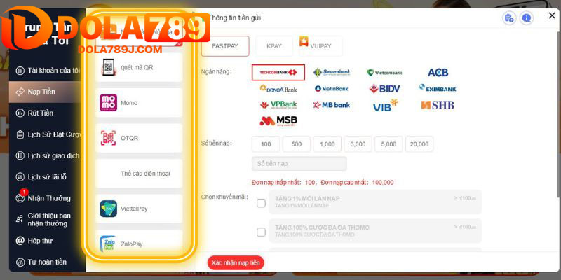 Chọn cách thức nạp tiền Dola789 và thực hiện giao dịch
