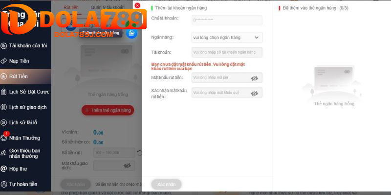 Thêm thẻ ngân hàng trước khi rút tiền Dola789